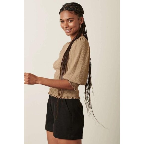 Beige Smocked Blouse with Puff Sleeves - Picture 4 of 5